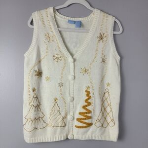 Vintage Vneck Christmas Sweater Vest Ivory/White/Gold Trees Cotton Blend Women S
